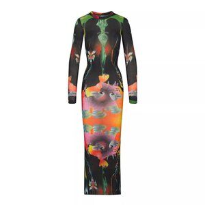 SKIMS Obsidian Print Mesh Long Sleeve Dress Size S Genuine Original NEW